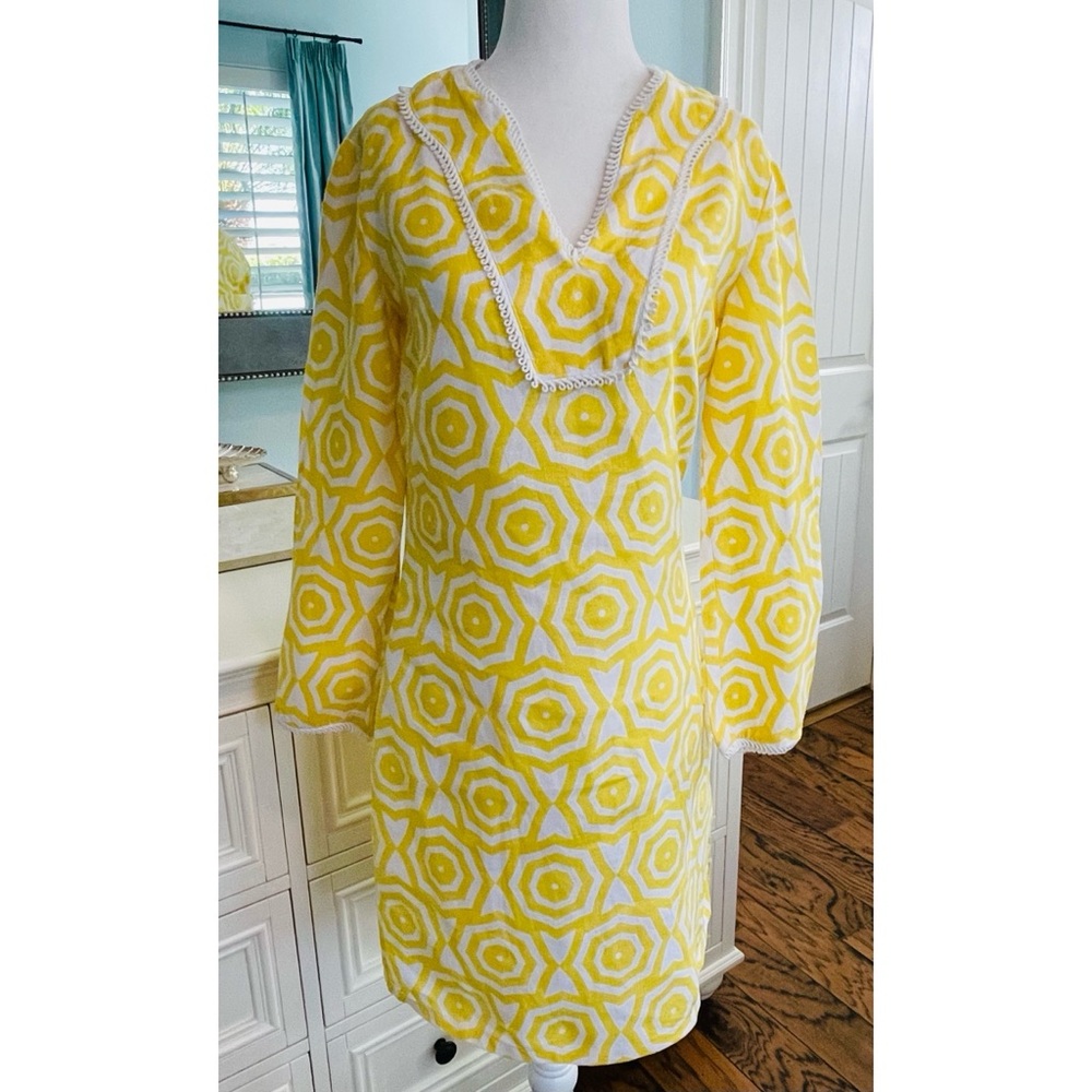 Sail to Sable STS Yellow White Beach Umbrellas Linen Tunic Dress, Size XXS